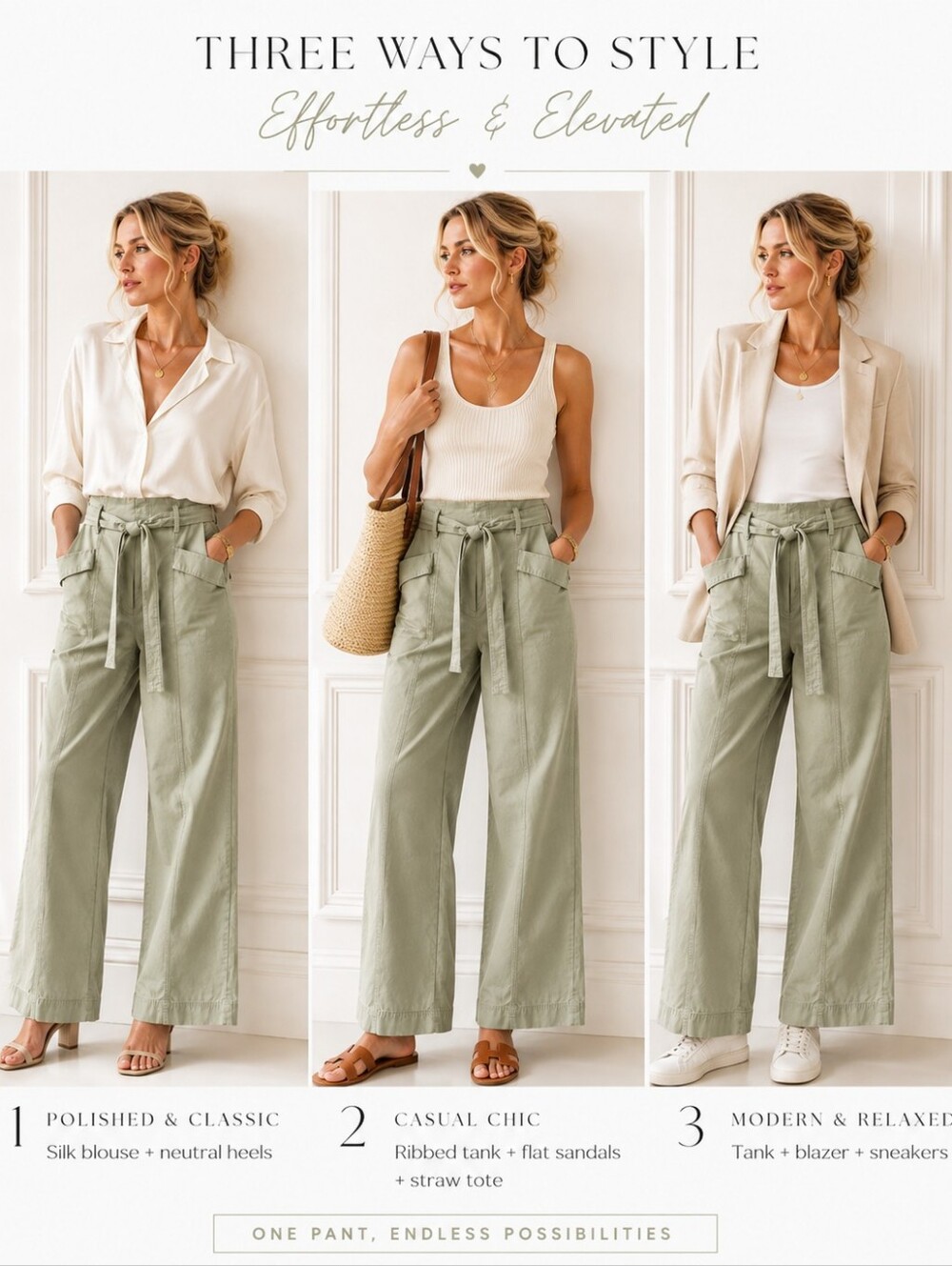 A New Day Sage Green Paperbag Wide Leg Pants | Size 12 | Belted Utility - Picture 4 of 11